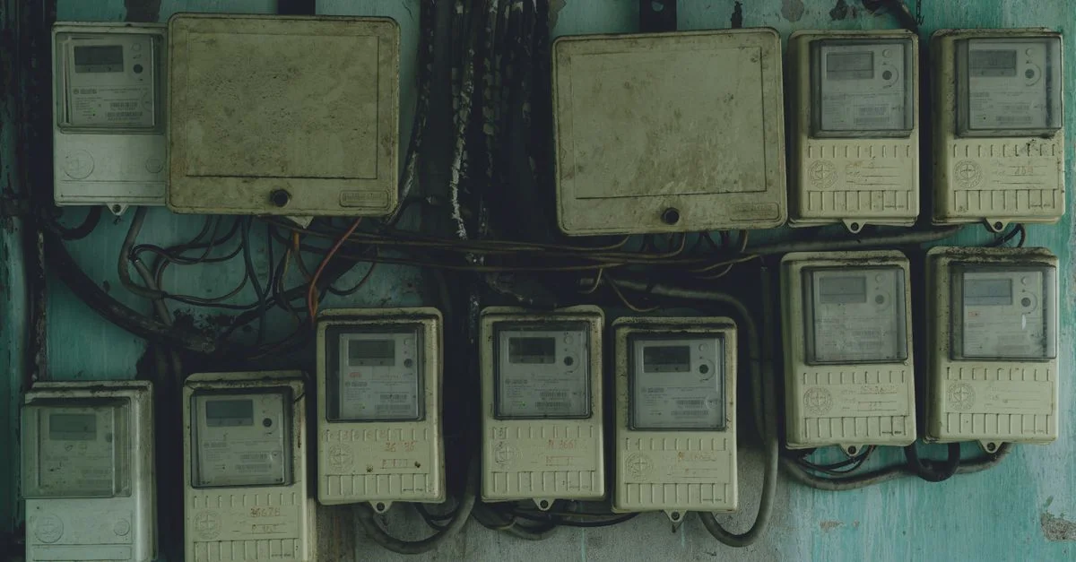 Panneaux électriques vieillissants et rouillés sur un mur extérieur à Ho Chi Minh-Ville, Vietnam.