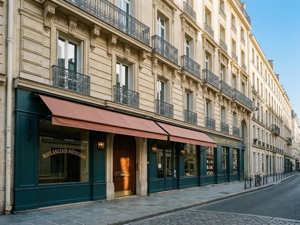 Façade d'immeubles haussmanniens parisiens avec balcons en fer forgé sous un ciel bleu clair.