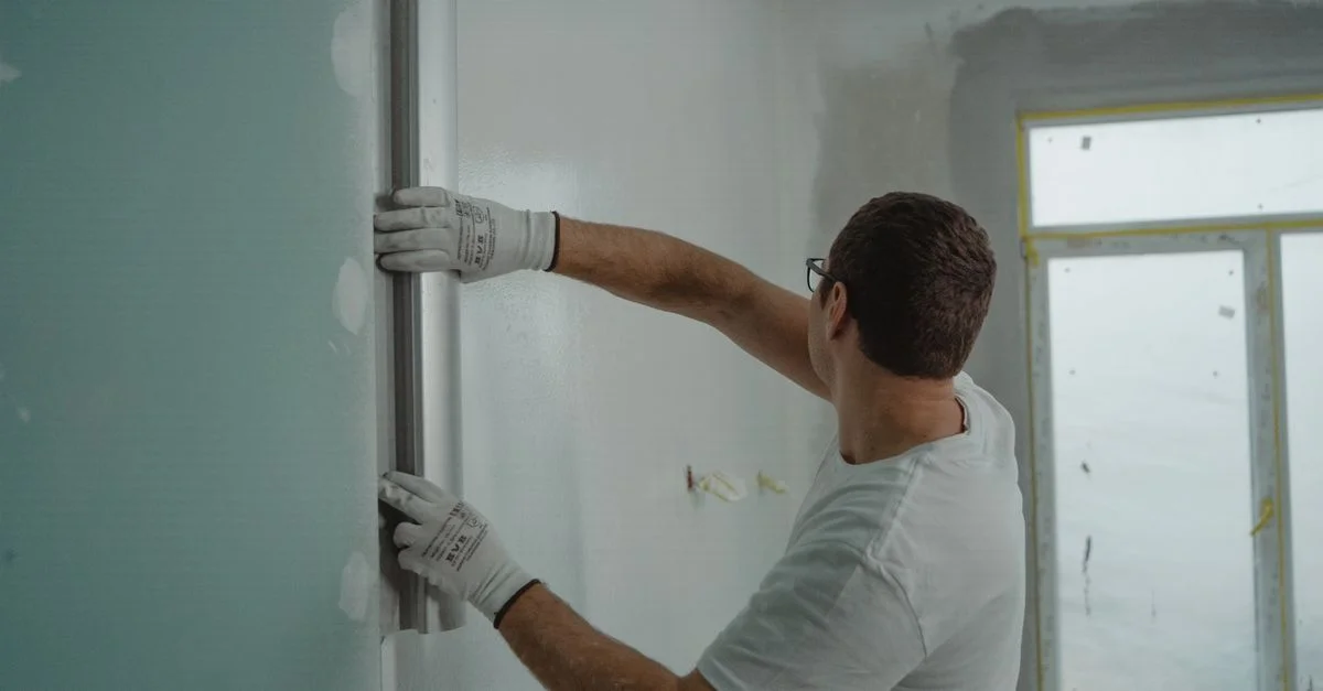 Un homme en chemise blanche et gants utilisant une règle en métal pour des travaux de rénovation murale intérieure.