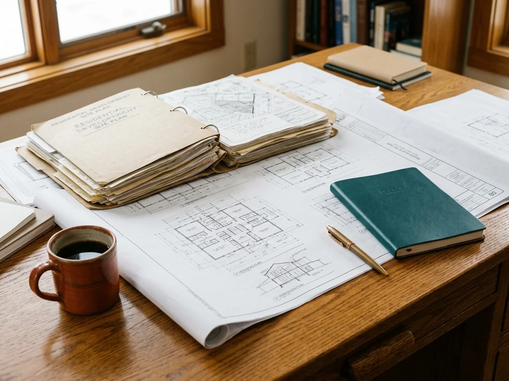 Plans immobiliers et dossiers de l'équipe organisés sur un bureau pour la rédaction.