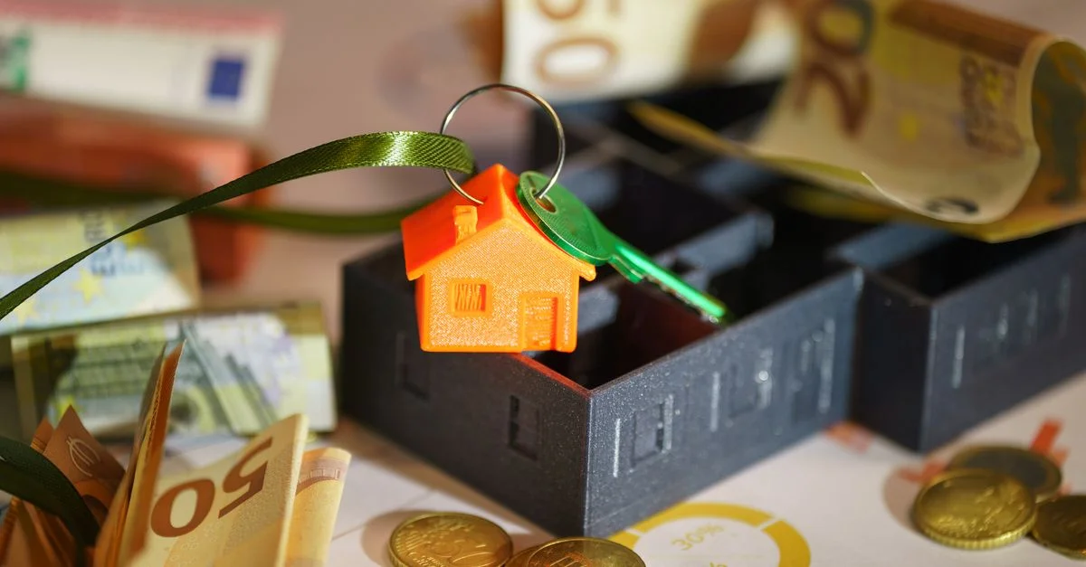 Image représentant un investissement immobilier avec porte-clés, euros et graphiques financiers.